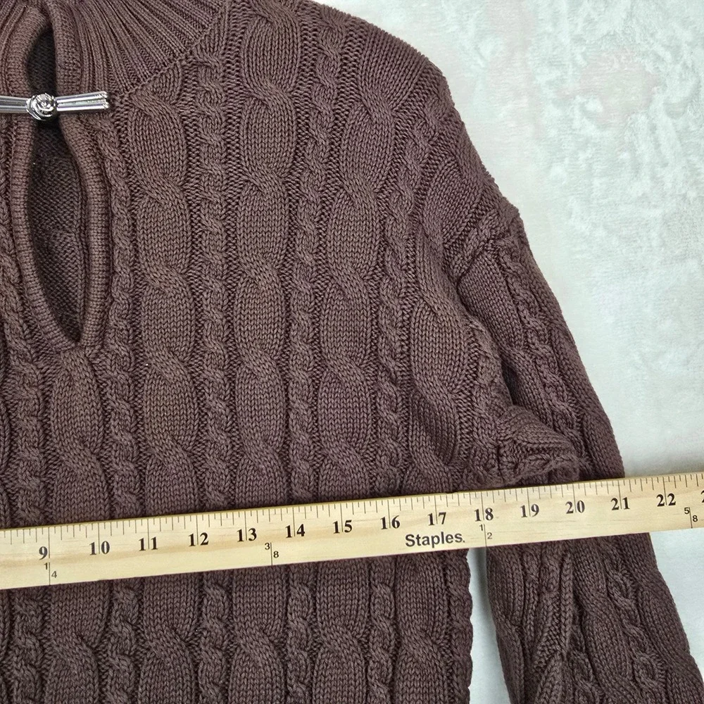Commense Womens Brown Cable Knit Cropped Sweater Keyhole Toggle Clasp XS NEW